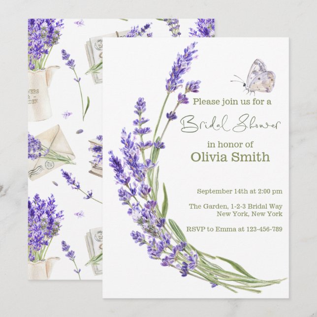 Brautparty Watercolor Boho Lavender Einladung (Vorne/Hinten)