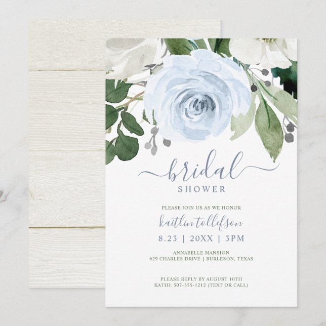 Brautparty Watercolor Bouquet Dusty Blue Einladung (Vorne/Hinten)