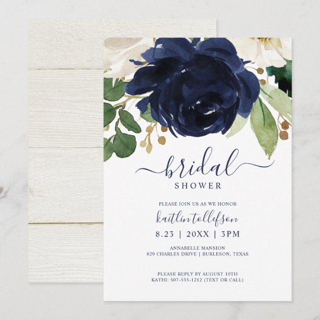 Brautparty Watercolor Bouquet Navy Blue Einladung (Vorne/Hinten)