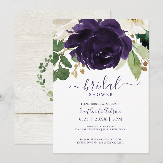 Brautparty Watercolor Bouquet Plum Lila Einladung (Vorne/Hinten)