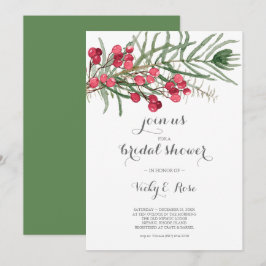 Brautparty Watercolor Evergreen und Red Berries Einladung