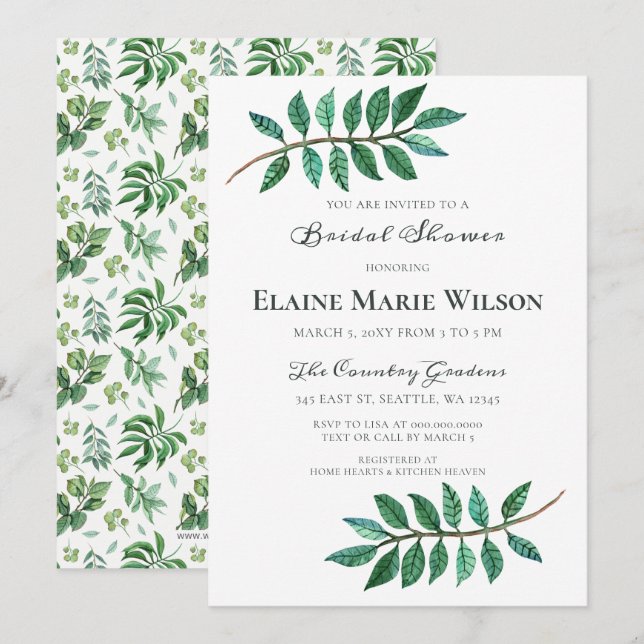 Brautparty "Watercolor Foliage Greenerity" Einladung (Vorne/Hinten)