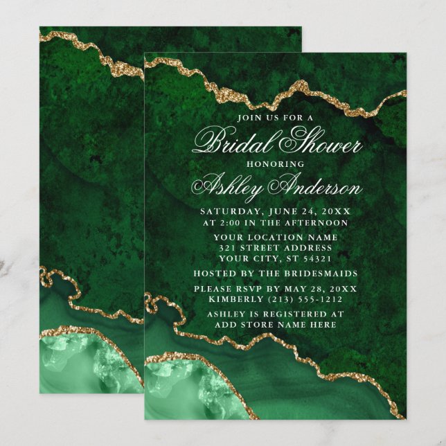 Brautparty Watercolor Green Gold Marble Geode Einladung (Vorne/Hinten)
