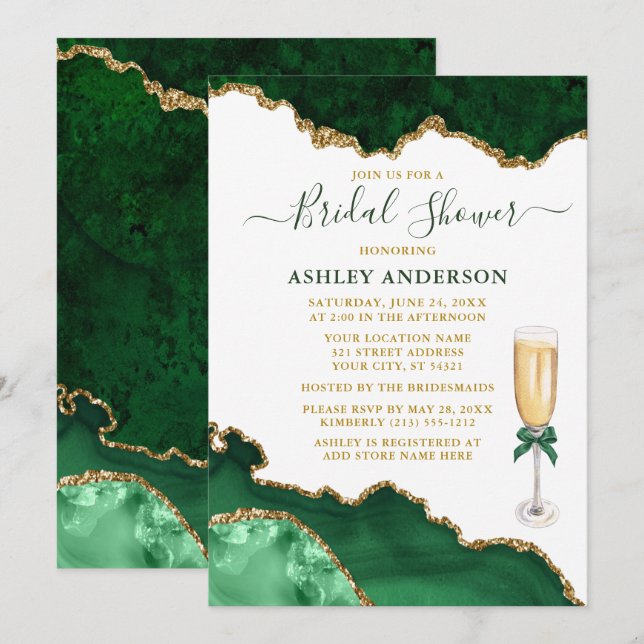 Brautparty Watercolor Green Marble Geode Gold Einladung (Vorne/Hinten)