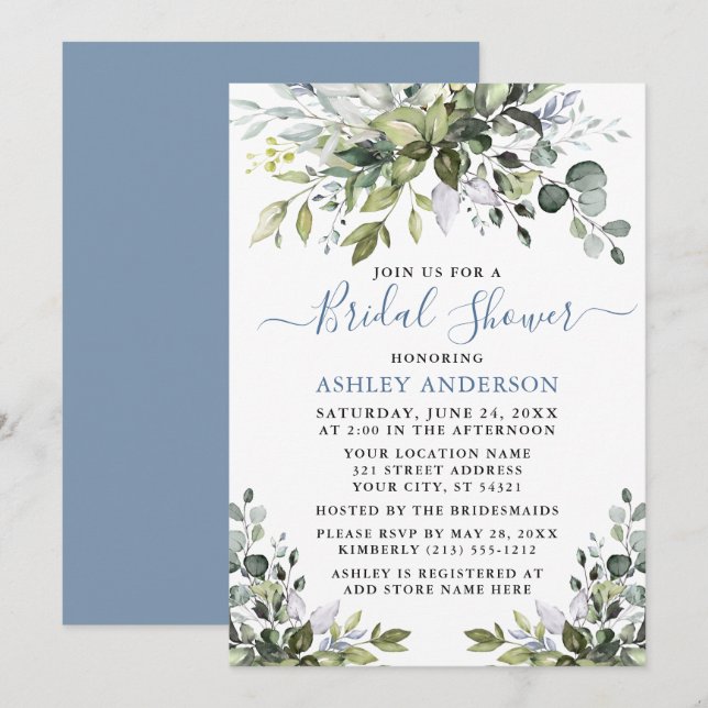 Brautparty Watercolor Greenery Dusty Blue Einladung (Vorne/Hinten)