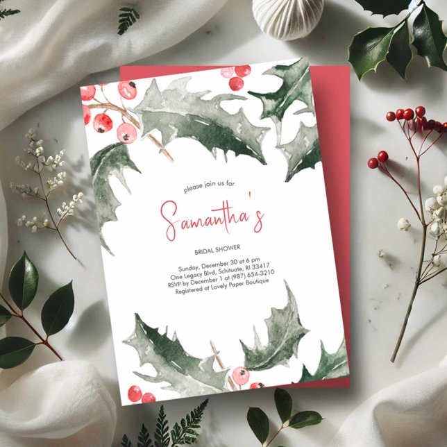 Brautparty Watercolor Holly Christmas Einladung (Winter bridal shower invitations. Watercolor holly and berries in shades of red and green.)