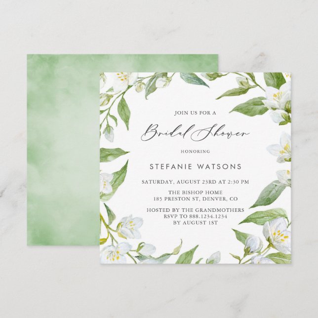 Brautparty "Watercolor Jasmine" und "Greenery" Einladung (Vorne/Hinten)