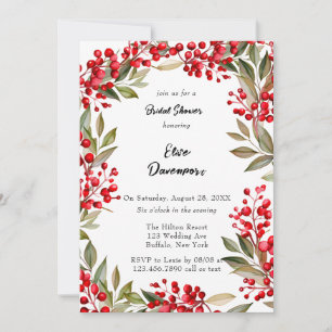 Brautparty Watercolor Red Berry Wreath Einladung