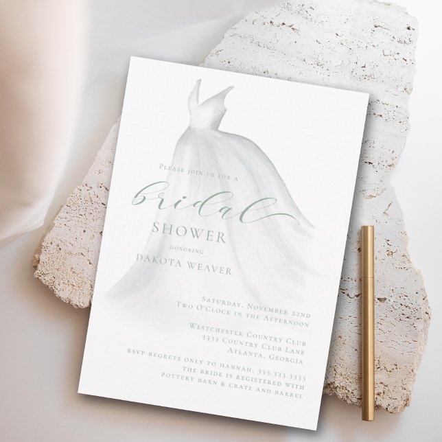 Brautparty "Watercolor Sage Green Wedding Dress" Einladung (Von Creator hochgeladen)