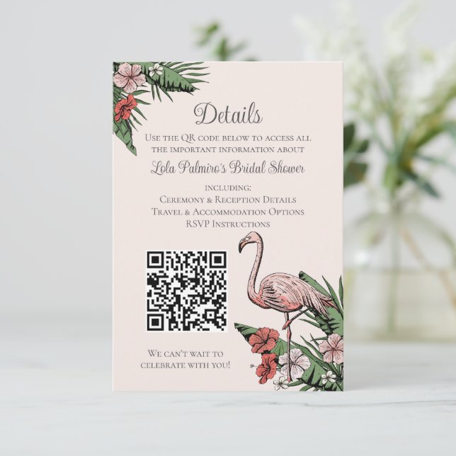 Brautparty-Website-QR-Code Blush Flamingo Begleitkarte (Stehend Vorderseite)