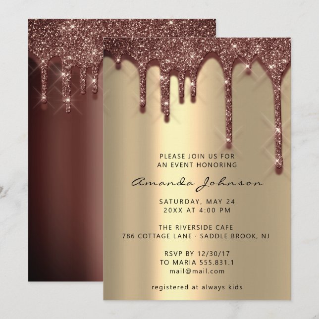 Brautparty Wedding Birthday Gold Brown Tropfen Einladung (Vorne/Hinten)
