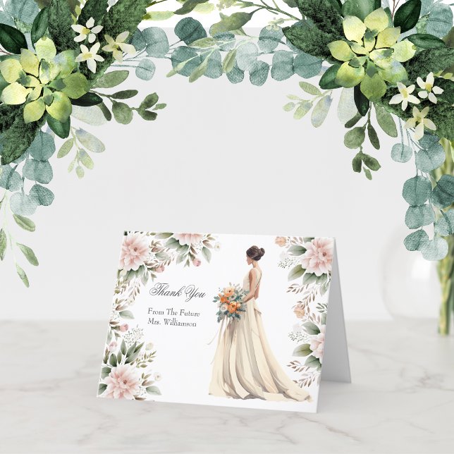 Brautparty Wedding Dress Danke, Cards Dankeskarte (Bridal Shower Thank you card with Bride in Wedding dress. Pink White Floral)
