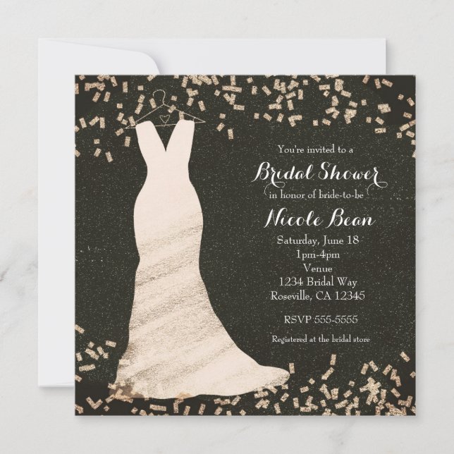 Brautparty Wedding Dress on Hanger & Confetti Einladung (Vorderseite)