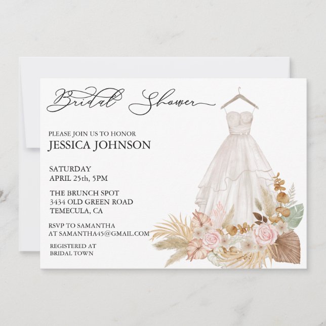 Brautparty Wedding Dress Tropical Boho Blätter Einladung (Vorderseite)