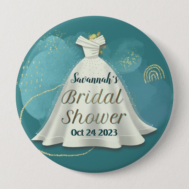 Brautparty Wedding Gown Deep Aquamarin Gold Glitze Button (Vorderseite)