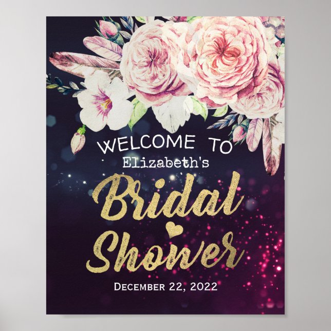 Brautparty Welcome Boho Blumenfedern Lila Poster (Vorne)