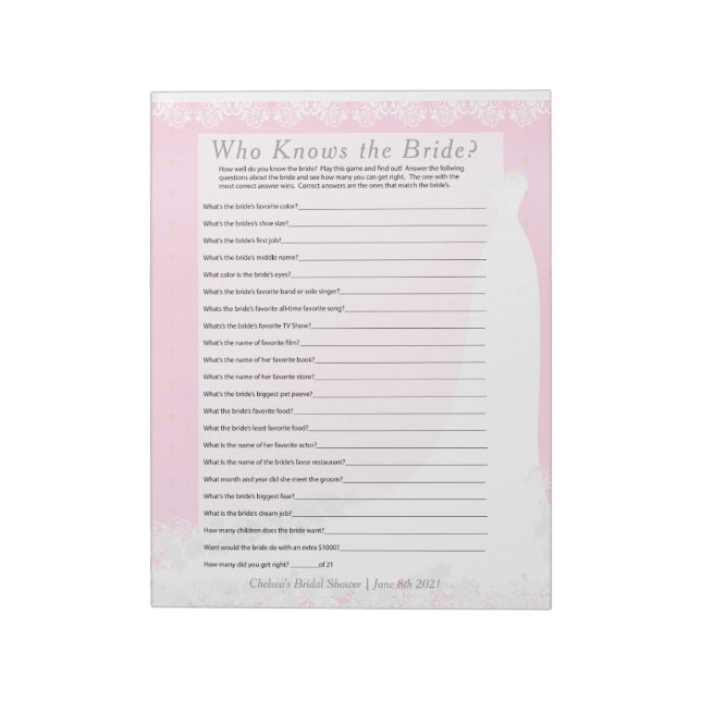 Brautparty Wer das Bride Game kennt - Rosa Notizblock (Rotiert)