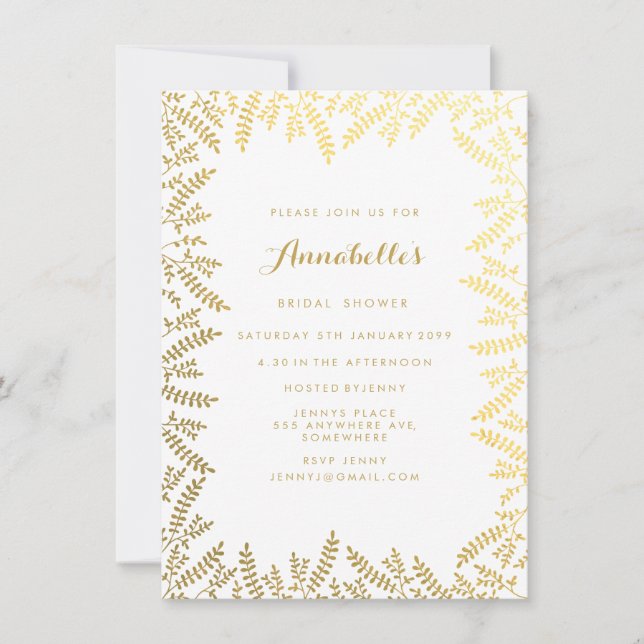 Brautparty White Gold Foil Blätter Einladung (Vorderseite)