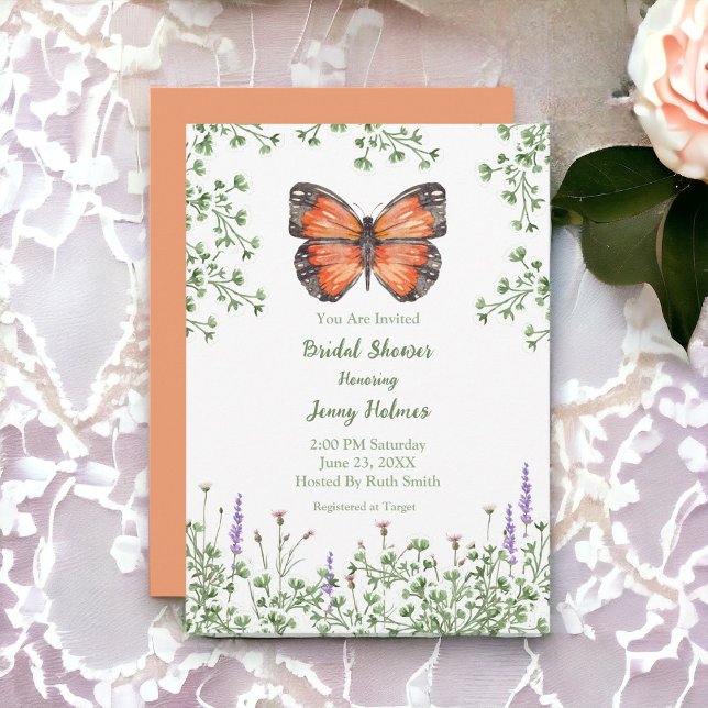 Brautparty Wildblume Orange Butterfly Grüne Einladung (Pretty and fresh design. Bridal Shower Party Invitations.)