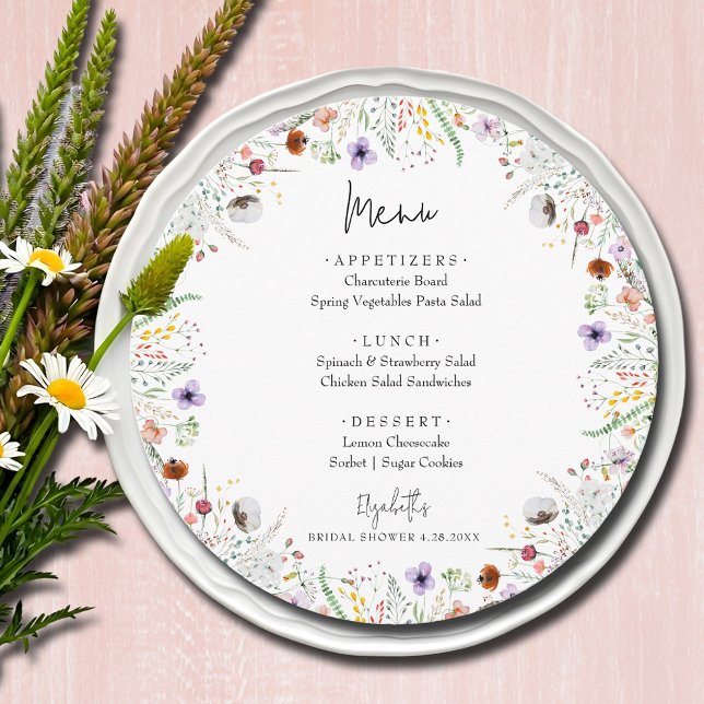 Brautparty Wildblumen Menükarte (Wildflowers bridal shower round menu cards)