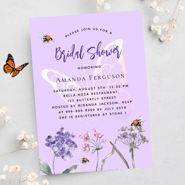 Brautparty Wildblumen Violett-Schmetterling Luxus Einladung (Von Creator hochgeladen)