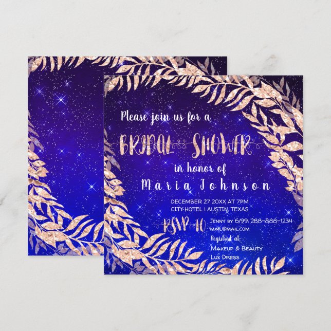 Brautparty Wreath Rose Gold Sky Stars Indigo Einladung (Vorne/Hinten)