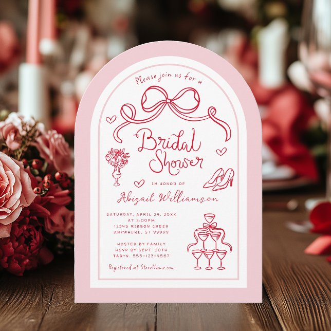 Brautparty zur Illustration des rosa weißen Bowes Einladung (Shown on a 5 x 7" invitation with Arch Corner Style)