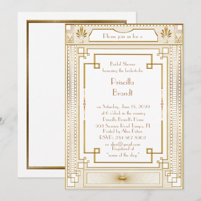 Brautpartyeinladung, großes Gatsby Goldgold Einladung (Vorne/Hinten)