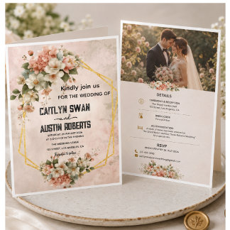 Brautrosé Blumen Gold Geometrische Hochzeitseinlad Einladung