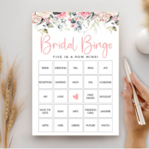 Brautschauer-Bingo-Spielkarte mit rosa floralem Mu Einladung