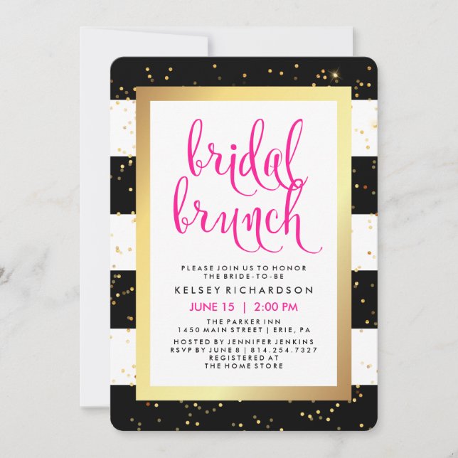 BrautSchwarz-weißes Gold des brunch-| und rosa Einladung (Vorderseite)