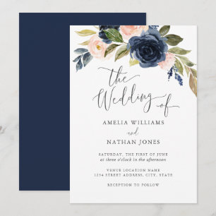 Brautstrauß aus Wasserfarben Blumen in Navy und Ro Einladung