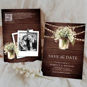 Brautstrauß-Mason-Glas-Holz-QR-Code-Hochzeitsfoto Save The Date