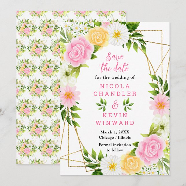 Brautstrauß mit rosa und gelben Blumen Save The Date (Vorne/Hinten)
