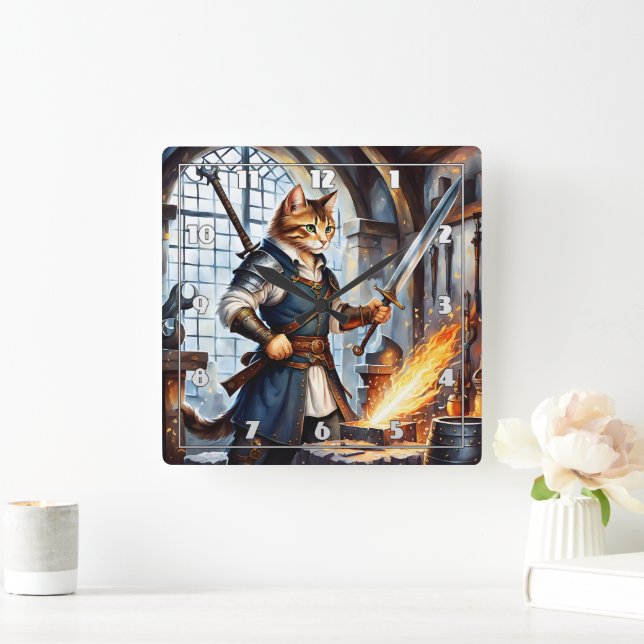 Brave Cat Blacksmith Schwert in Workshop Quadratische Wanduhr (Zuhause)