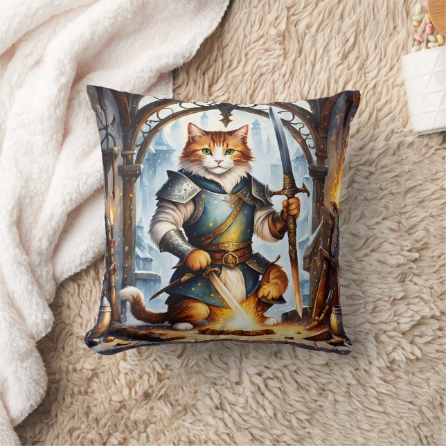 Brave Cat Knight Forging Schwerter in Fantasy Forg Kissen (Decke)