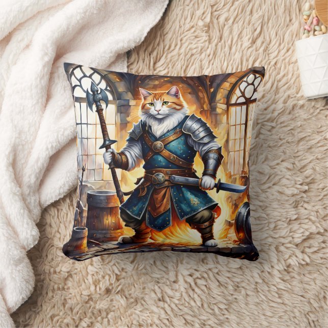 Brave Cat Knight in mittelalterlicher Umgebung Kissen (Decke)