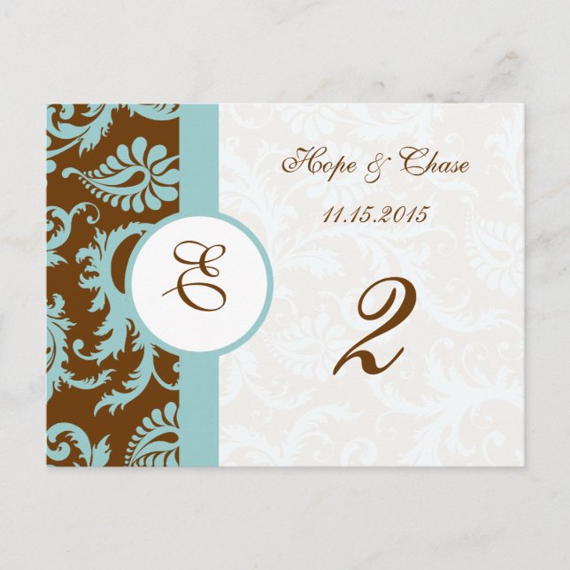 Brawn & Aqua Trim Damask Wirbel Tischnummer Cards (Vorderseite)