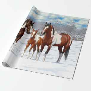 Brawn Bay Pinto Paint Quarter Pferde im Schnee Geschenkpapier