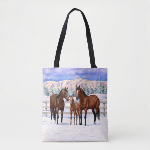 Brawn Bay Quarter Pferde im Schnee Tasche