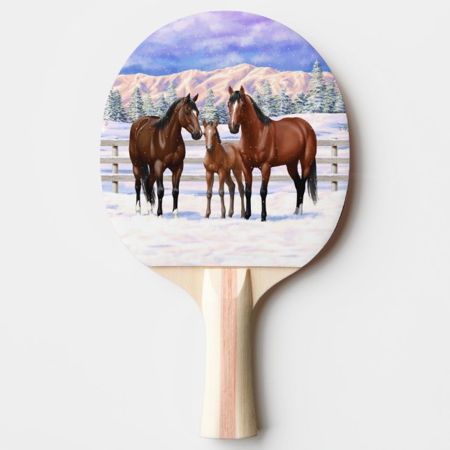 Brawn Bay Quarter Pferde im Schnee Tischtennis Schläger (Vorderseite)