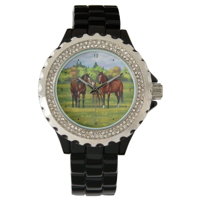 Brawn Bay Quarter Pferde im Sommer Weide Armbanduhr (Vorderseite)