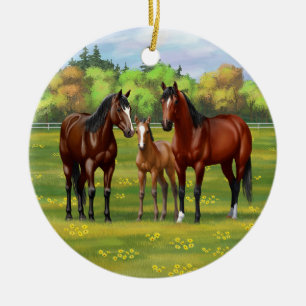 Brawn Bay Quarter Pferde im Sommer Weide Keramik Ornament