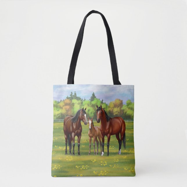 Brawn Bay Quarter Pferde im Sommer Weide Tasche (Vorderseite)