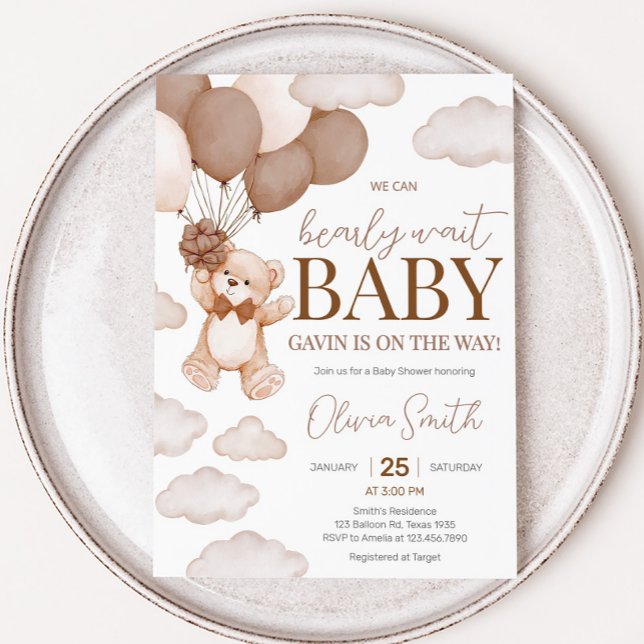 Brawn Bear Ballon Bearly Wait Baby Dusche Einladung (Brown Bearly Wait Baby Bear Balloon Baby Shower Invitation
)