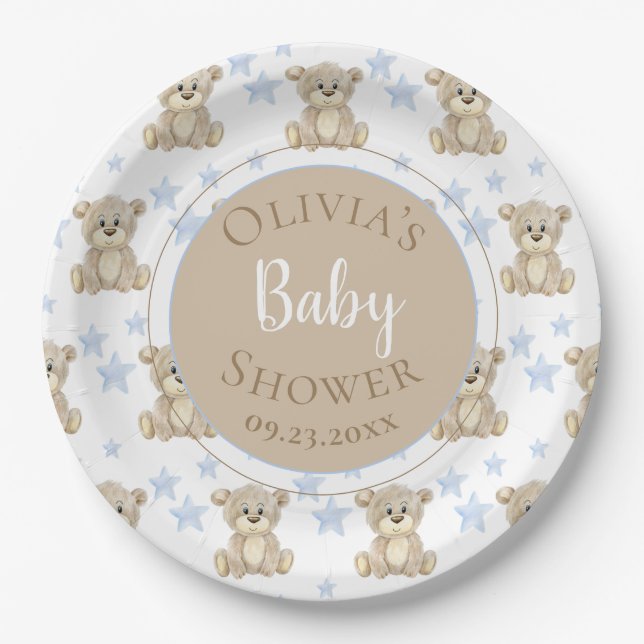 Brawn Bear Blue Stars Wasserfarbe Babydusche Pappteller (Vorderseite)