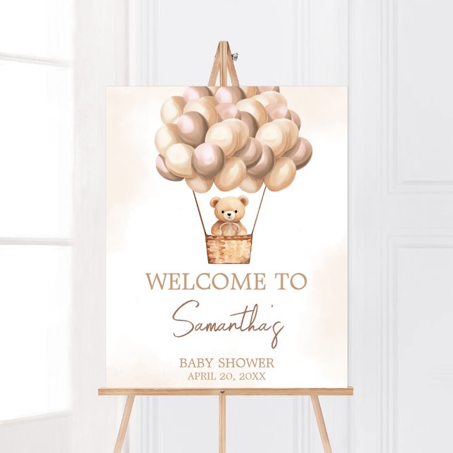 Brawn Bear Hot Air Ballon Babydusche Willkommen Poster (Gender Neutral Baby Bear Baby Shower Welcome Sign)