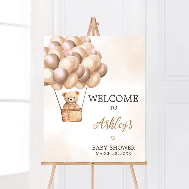 Brawn Bear Hot Air Ballon Babydusche Willkommen Poster (Boho Brown Bear Baby Shower Welcome Sign)