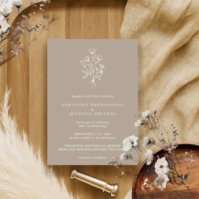 Brawn Beige Blume Bouquet Boho Minimal Botanicals Einladung (Von Creator hochgeladen)