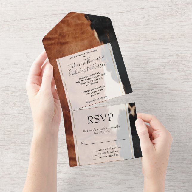 Brawn Black Southwest Imitats Cowhide Wedding All In One Einladung (Abreißen)